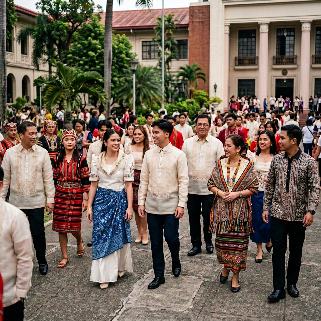People in traditional Filipino clothing gather under a Buwan ng Wika banner at the university.